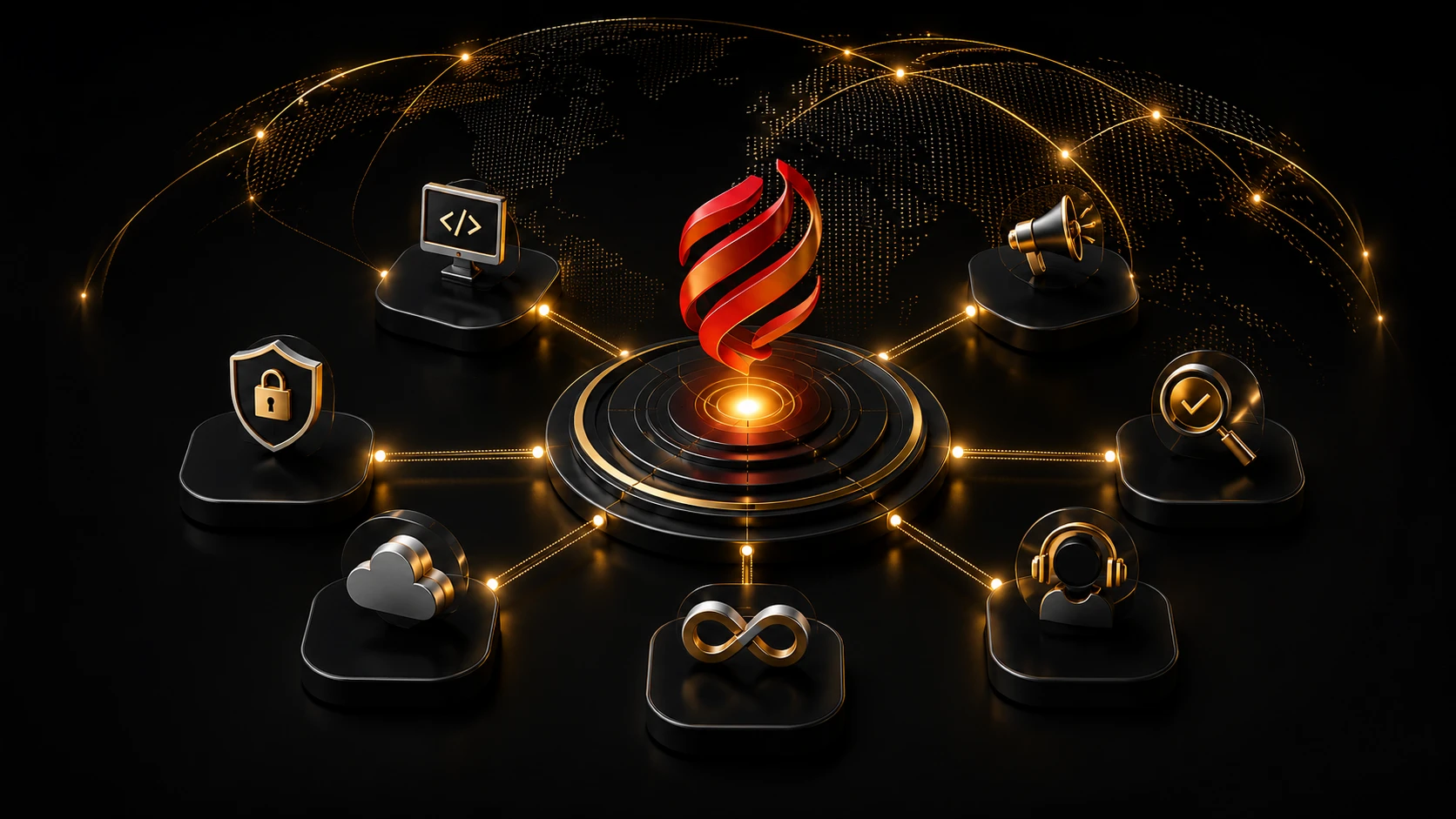 Spectrum IT Hub core strength: software development, cybersecurity, cloud solutions, DevOps, managed IT services, QA and testing, and digital marketing connected around a central hub